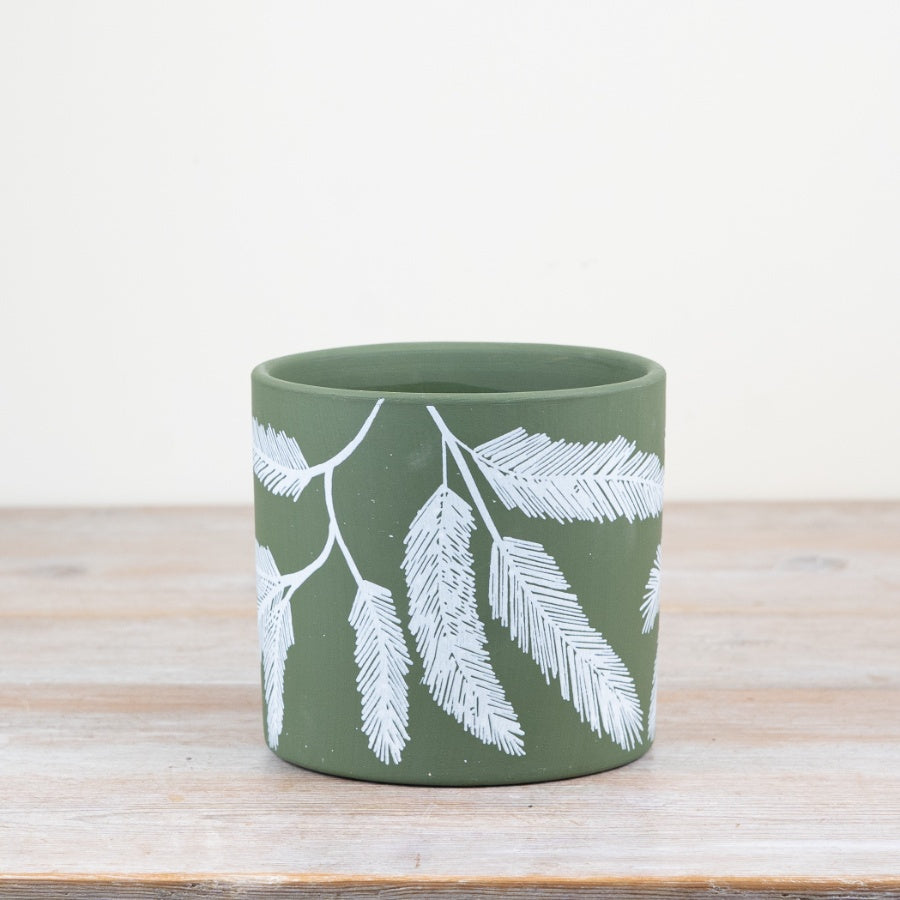 Terracotta Leaf Planter 13.5cm – Ceramic Plant Pot with Green & White Botanical Design, Rustic Indoor Planter