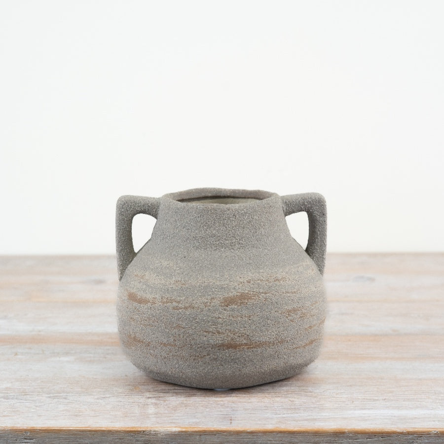 18cm Ceramic Urn Vase – Rustic Beige & Grey Textured Decorative Pot with Handles
