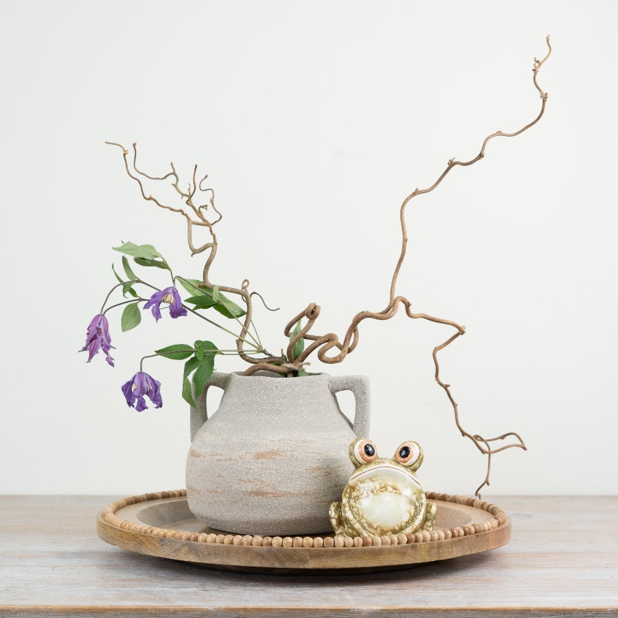 18cm Ceramic Urn Vase – Rustic Beige & Grey Textured Decorative Pot with Handles