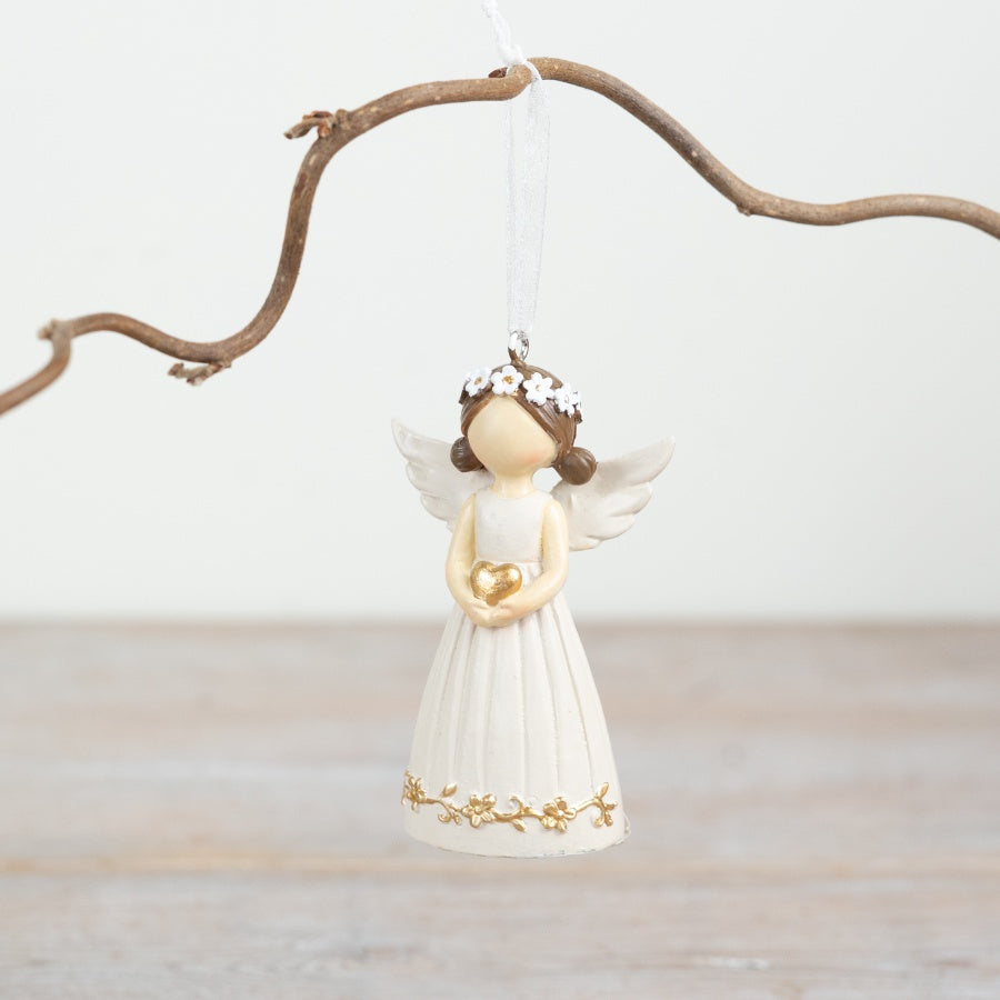 Gold Angel Hanging Decoration 8.5cm – Elegant Resin Ornament with Heart Detail, Christmas Tree or Home Décor Accent
