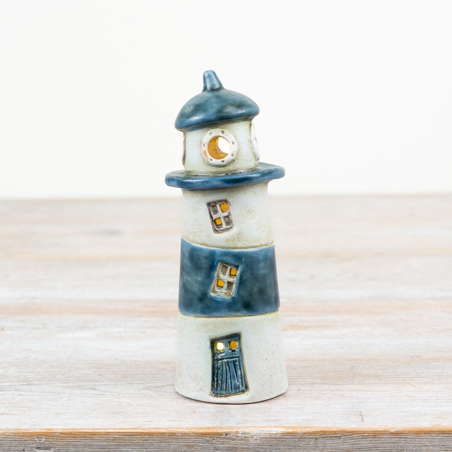 LED Lighthouse Decoration 16.5cm – Coastal Blue & White Tealight Ornament
