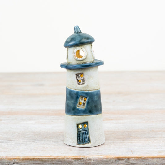 LED Lighthouse Decoration 16.5cm – Coastal Blue & White Tealight Ornament