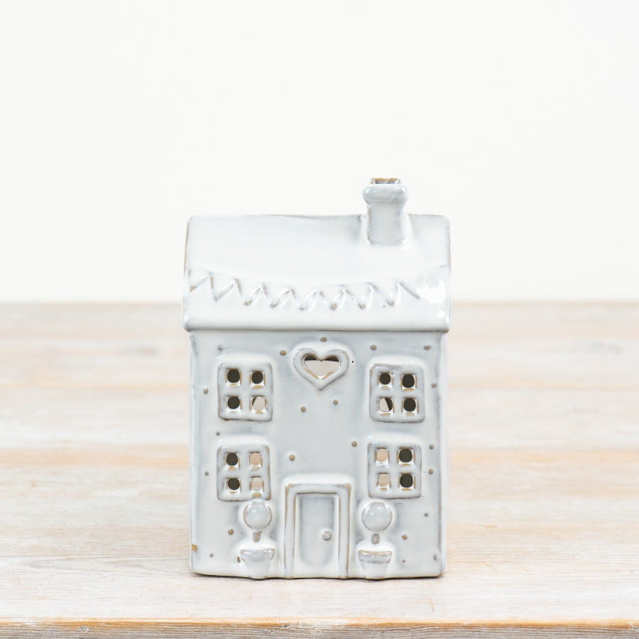 Whimsical House Tealight Holder 18cm – Glazed Ceramic Home Candle Lantern Décor