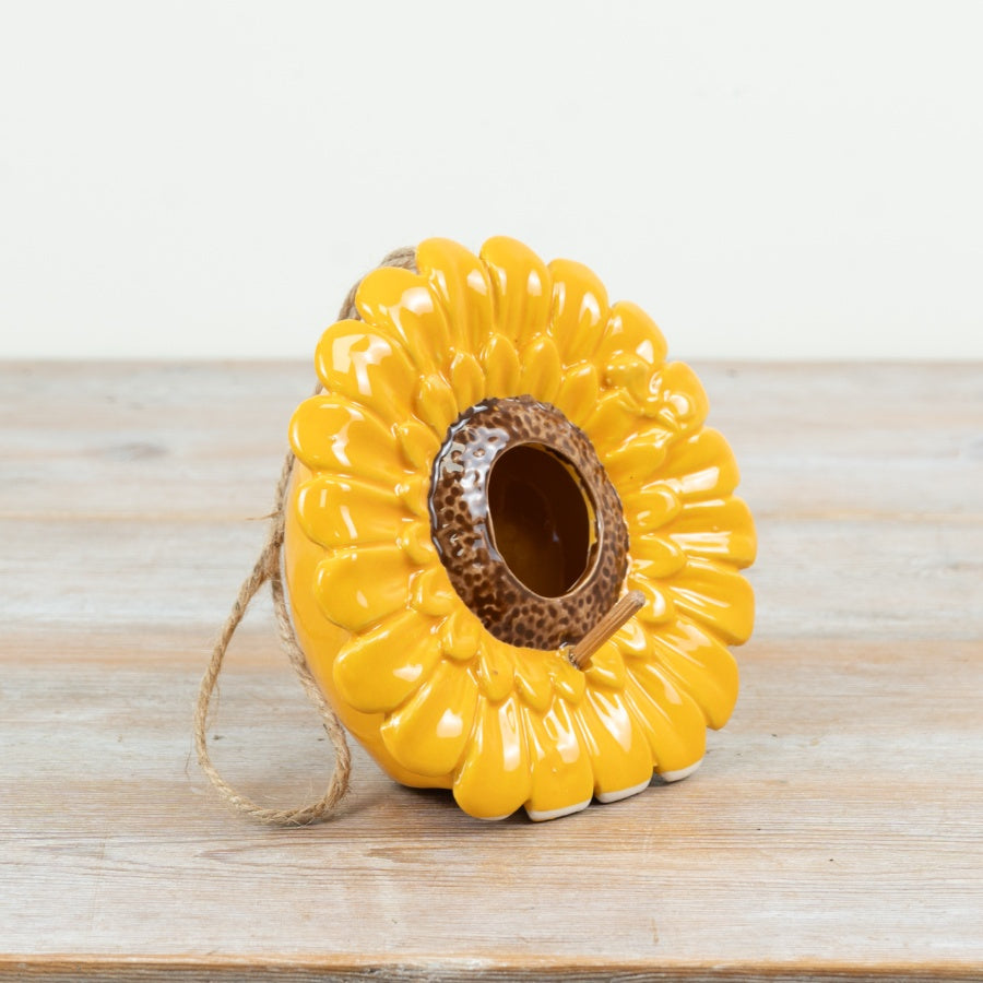 Sunflower Birdhouse 15cm – Hanging Garden Bird House, Decorative Floral Outdoor Nest Box with Jute String
