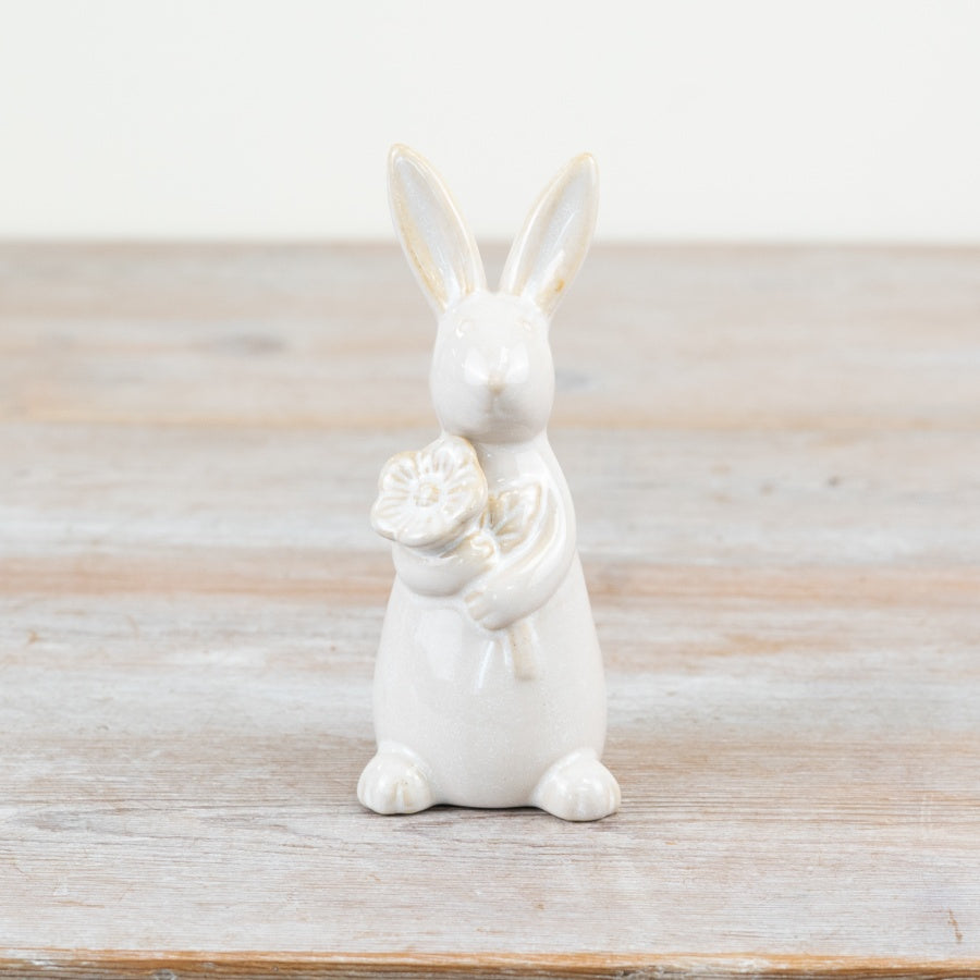 Standing Rabbit with Flower 13.5cm – Charming Ornament with Glossy Natural Glaze