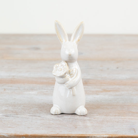 Standing Rabbit with Flower 13.5cm – Charming Ornament with Glossy Natural Glaze