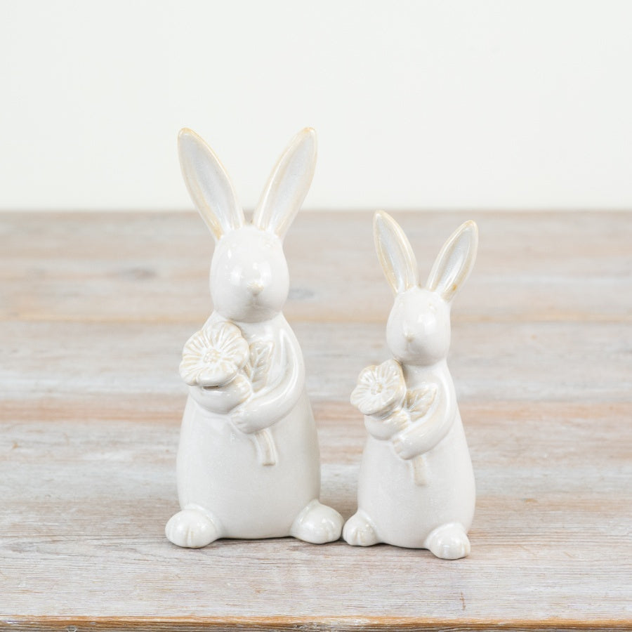 Standing Rabbit with Flower 13.5cm – Charming Ornament with Glossy Natural Glaze