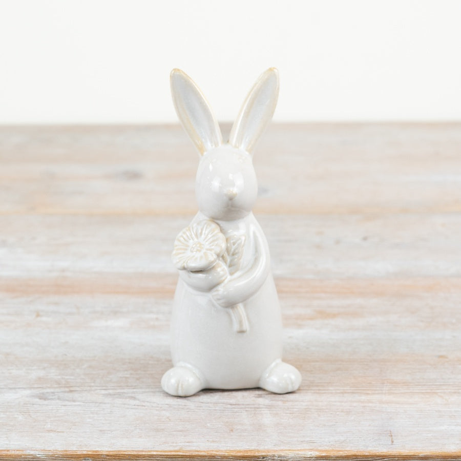 Standing Rabbit with Flower 17cm – Charming Ornament with Glossy Natural Glaze