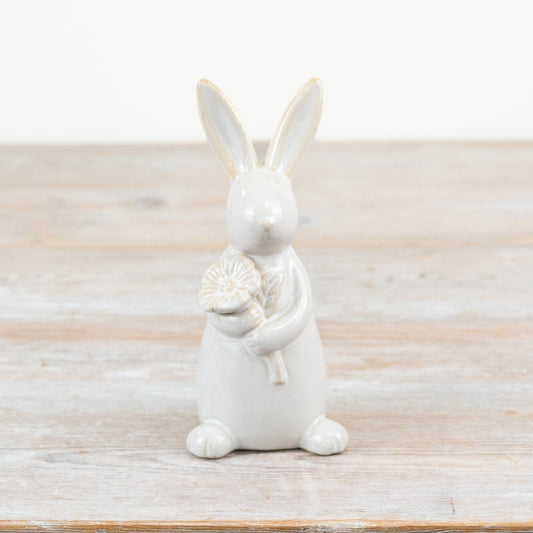 Standing Rabbit with Flower 17cm – Charming Ornament with Glossy Natural Glaze