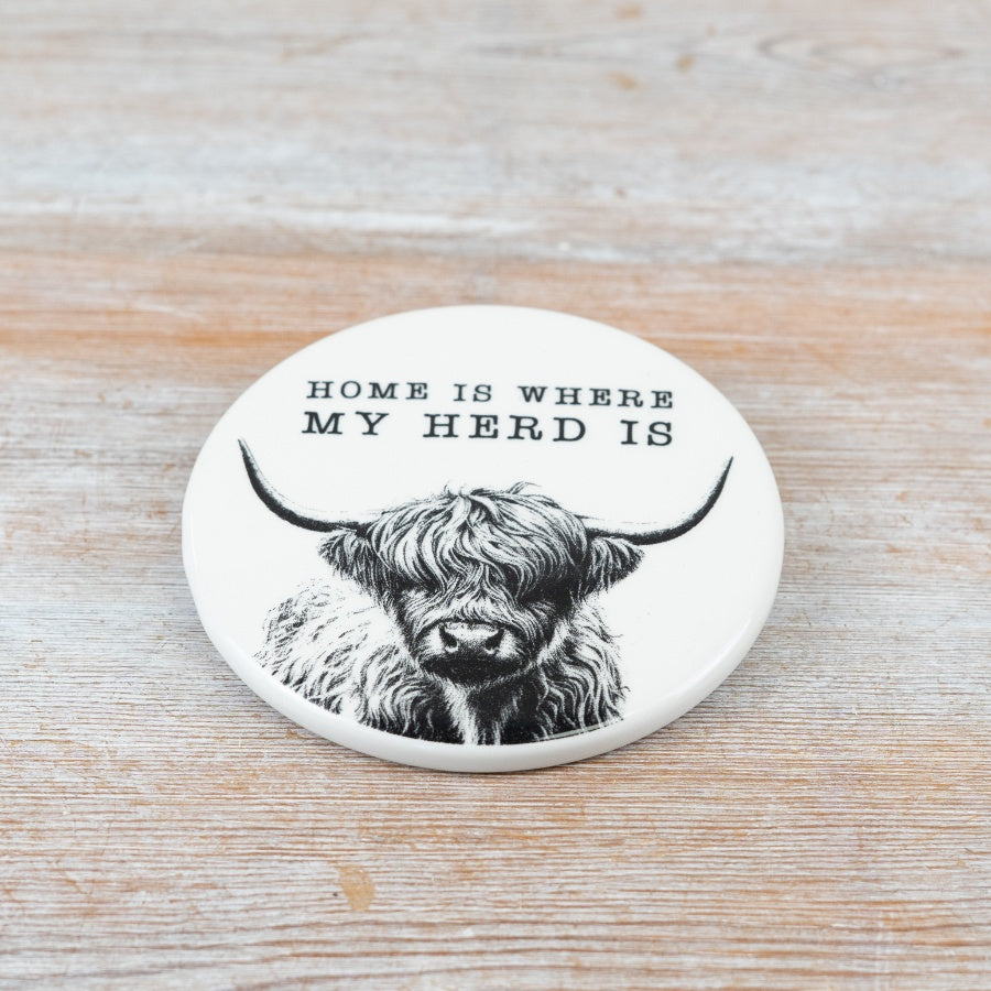 Highland cow coaster "Home is where my herd is" 10cm