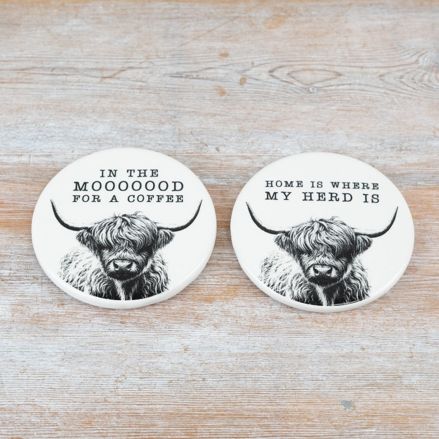 Highland Cow "In the mood  for a coffee Coster, 10cm