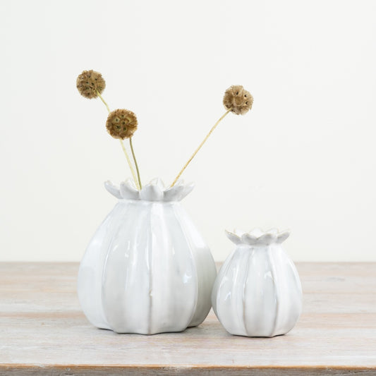 White Poppy Bud Vase 11cm – Small Ceramic Flower Vase, Rustic & Modern Home Décor Accent