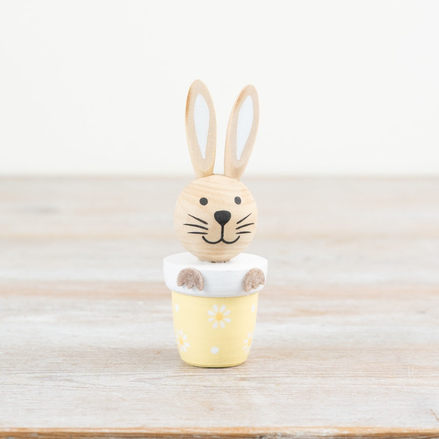 Rabbit in Wooden Plant Pot 11.8cm – Bunny Ornament in Yellow Floral Planter, Spring Easter Home Decor Accent