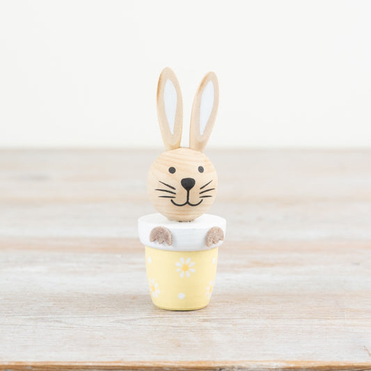 Rabbit in Wooden Plant Pot 11.8cm – Bunny Ornament in Yellow Floral Planter, Spring Easter Home Decor Accent