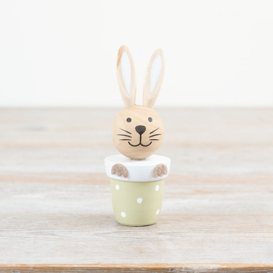 Rabbit in Planter Ornament 11cm – Bunny in Pastel Green Spotty Pot, Cute Spring Easter Home Decor Accent
