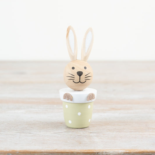 Rabbit in Planter Ornament 11cm – Bunny in Pastel Green Spotty Pot, Cute Spring Easter Home Decor Accent