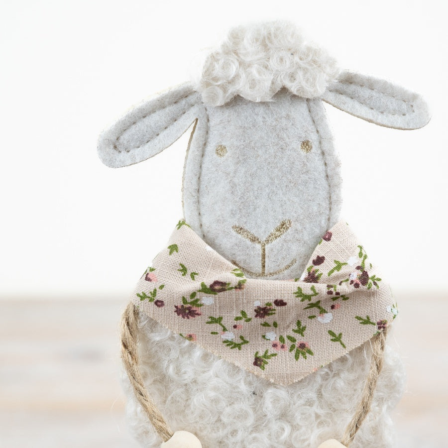 Felt Sheep Decoration 20.5cm – Soft Wool Sheep Ornament with Floral Detail, Rustic Spring Home Decor Accent