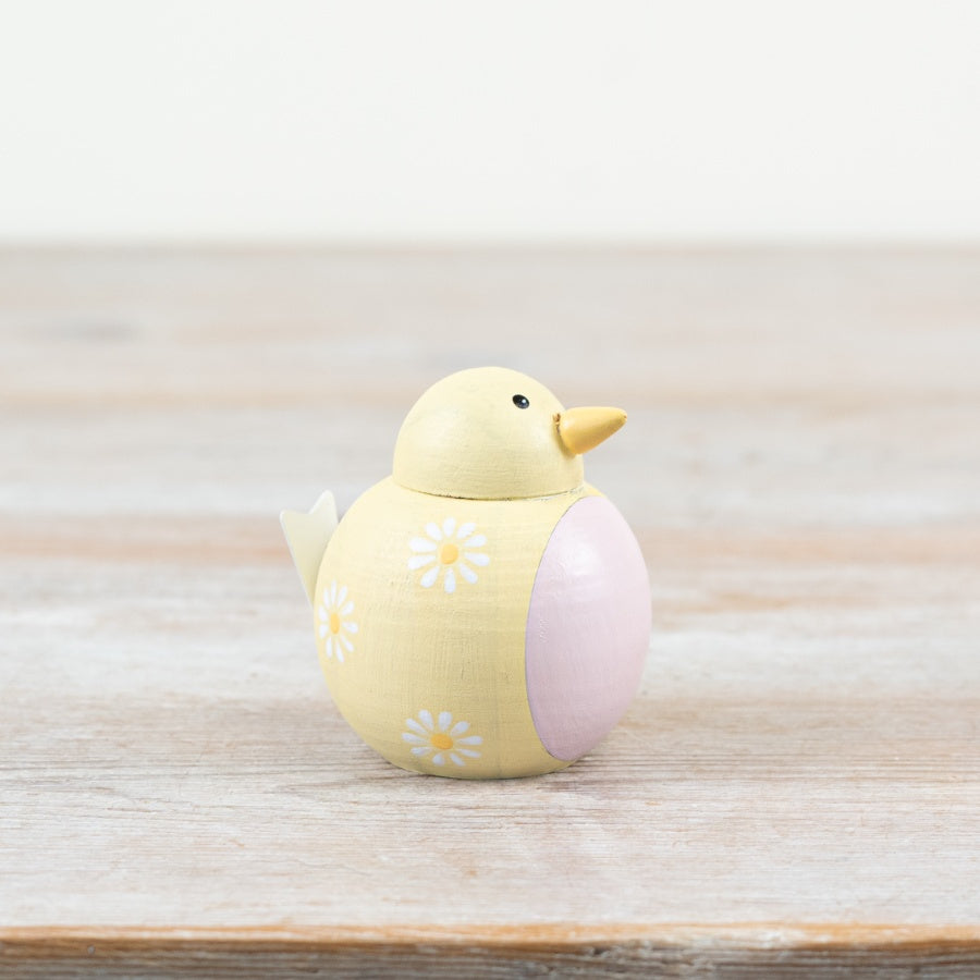 Yellow Bird Hanging Decoration 5.8cm – Wooden Spring Ornament with Daisy Pattern, Cute Floral Home Decor Accent
