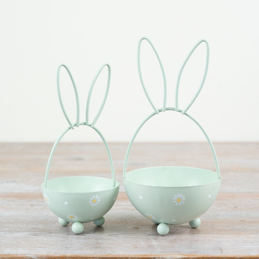 Daisy Bunny Basket 20cm – Sage Green Easter Egg Basket, Floral Bunny Ear Storage for Spring Decor & Treat Display