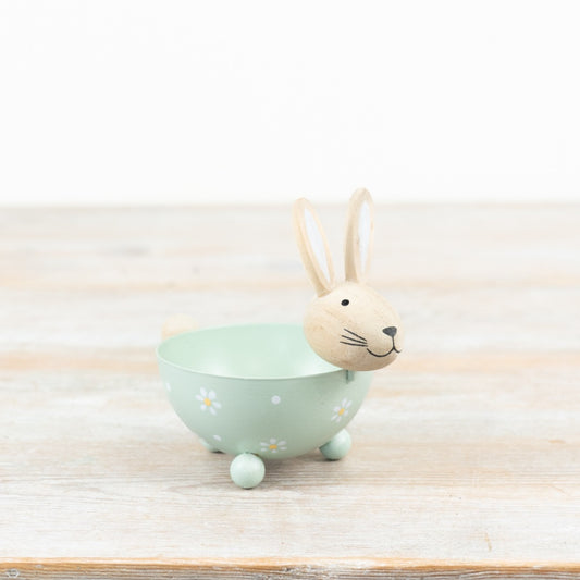 Daisy Bunny Bowl 12cm – Metal Decorative Bowl with Wooden Rabbit Face, Easter Treat Dish for Spring Home Decor