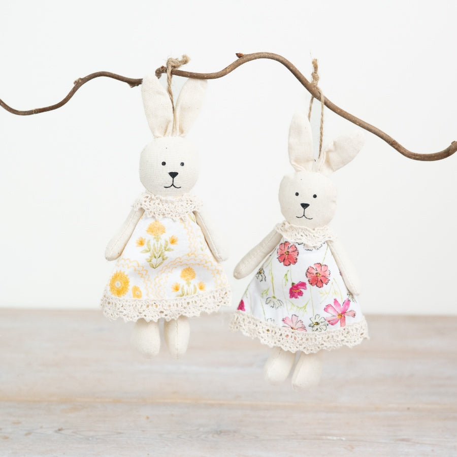 Hanging Fabric Bunny Decoration 16cm – Floral Rabbit Ornament, Spring Easter Home Décor Accent