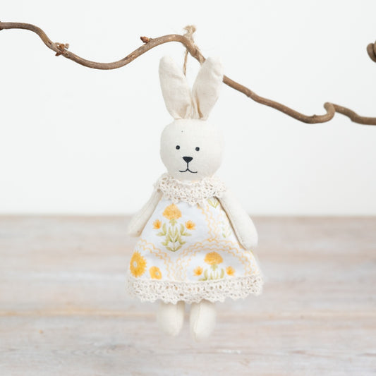 Hanging Fabric Bunny Decoration 16cm – Floral Rabbit Ornament, Spring Easter Home Décor Accent