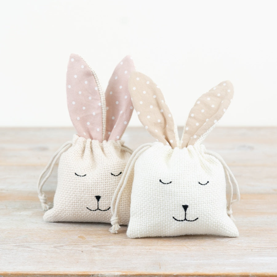 Set of 2 Bunny Drawstring Gift Bags 19cm – Easter Treat Pouches, Natural & Pink Polka Dot Storage for Gifts