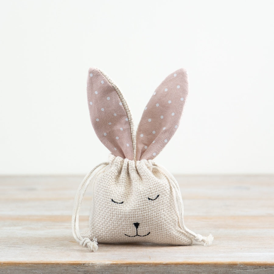 Set of 2 Bunny Drawstring Gift Bags 19cm – Easter Treat Pouches, Natural & Pink Polka Dot Storage for Gifts