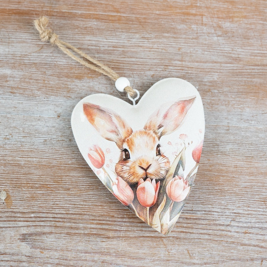 Rabbit Heart Hanging Decoration with Pink Tulip 11cm – Spring Bunny Ornament, Floral Easter Home Accent