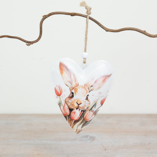 Rabbit Heart Hanging Decoration with Pink Tulip 11cm – Spring Bunny Ornament, Floral Easter Home Accent