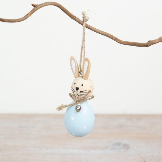 Blue Spotty Rabbit Hanging Decoration 9.2cm – Wooden Bunny Ornament, Rustic Spring Easter Decor for Tree or Home Styling