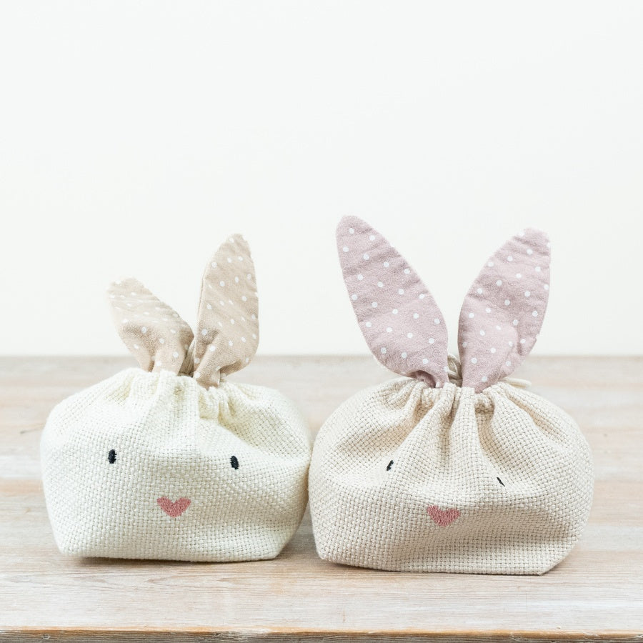 Fabric Rabbit Treat Bag 14cm with Drawstring – Easter Bunny Gift Pouch, Cute Spotted Bag with Ears for Egg Hunts