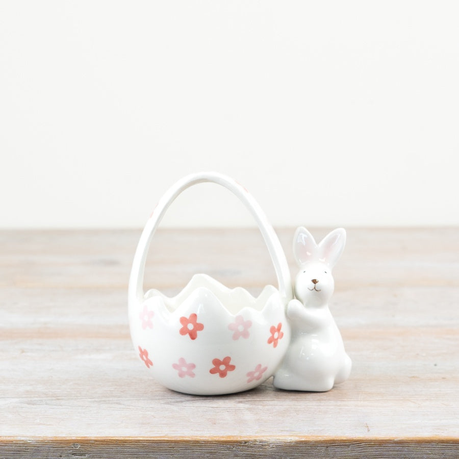 Ceramic Daisy Egg Basket with Bunny 12.5cm – Hand Finished Easter Storage Pot, Floral Spring Decor with Rabbit Detail