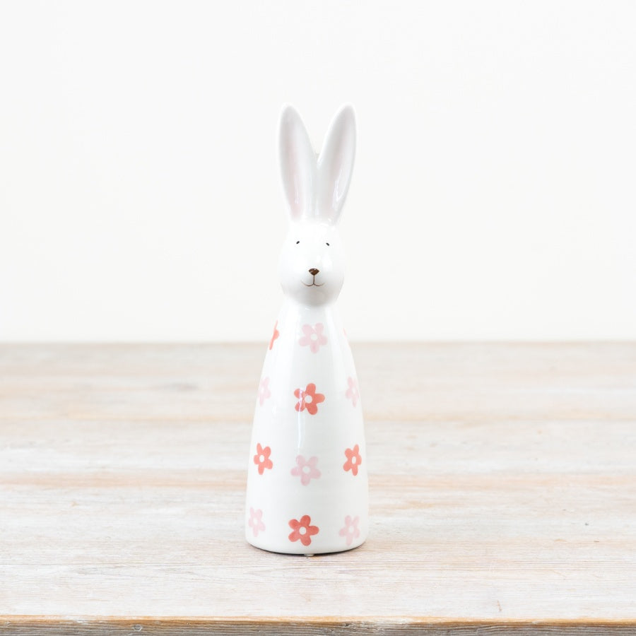 Ceramic Bunny Decoration 20.5cm – Floral Rabbit Ornament, Spring Easter Home Accent for Shelf or Table Display