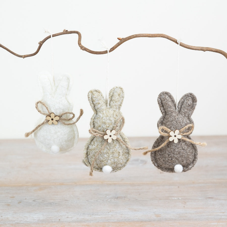 Felt Bunny Hanging Decoration 10cm – Assorted Easter Rabbit Ornaments with Wooden Flower, Neutral Spring Decor