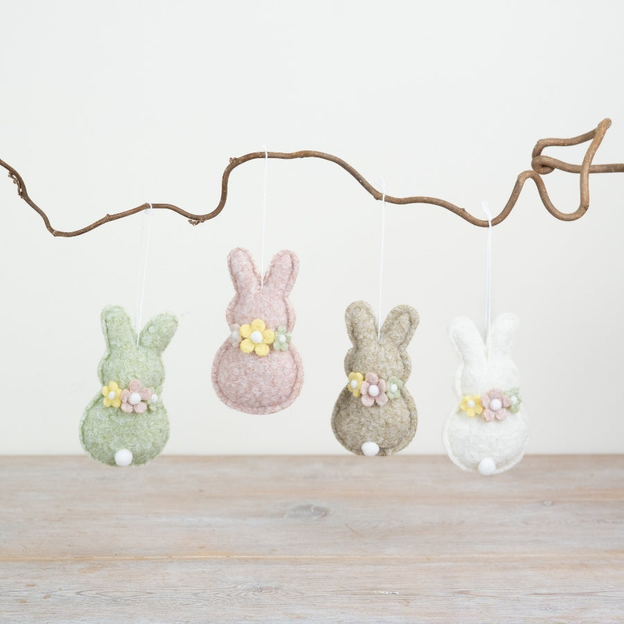 Set of 4 Hanging Fabric Bunnies 10cm – Pastel Easter Bunny Ornaments with Floral Detail, Spring Decor for Home Display