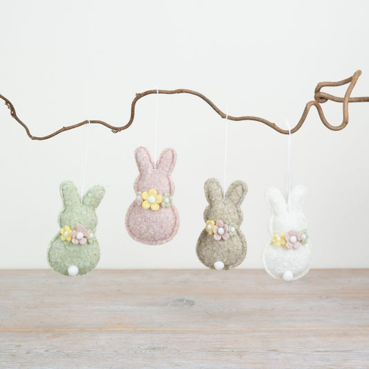 Set of 4 Hanging Fabric Bunnies 10cm – Pastel Easter Bunny Ornaments with Floral Detail, Spring Decor for Home Display