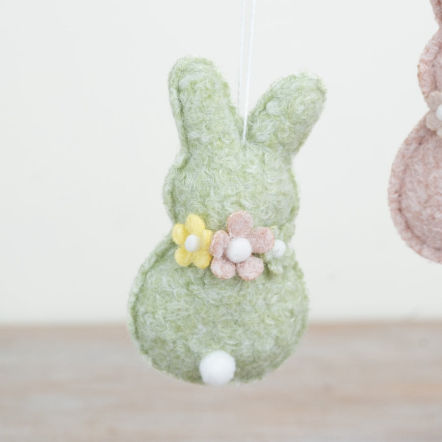Set of 4 Hanging Fabric Bunnies 10cm – Pastel Easter Bunny Ornaments with Floral Detail, Spring Decor for Home Display