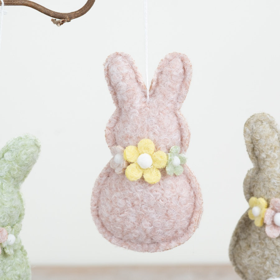 Set of 4 Hanging Fabric Bunnies 10cm – Pastel Easter Bunny Ornaments with Floral Detail, Spring Decor for Home Display