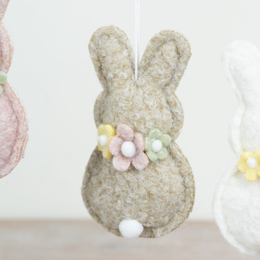 Set of 4 Hanging Fabric Bunnies 10cm – Pastel Easter Bunny Ornaments with Floral Detail, Spring Decor for Home Display
