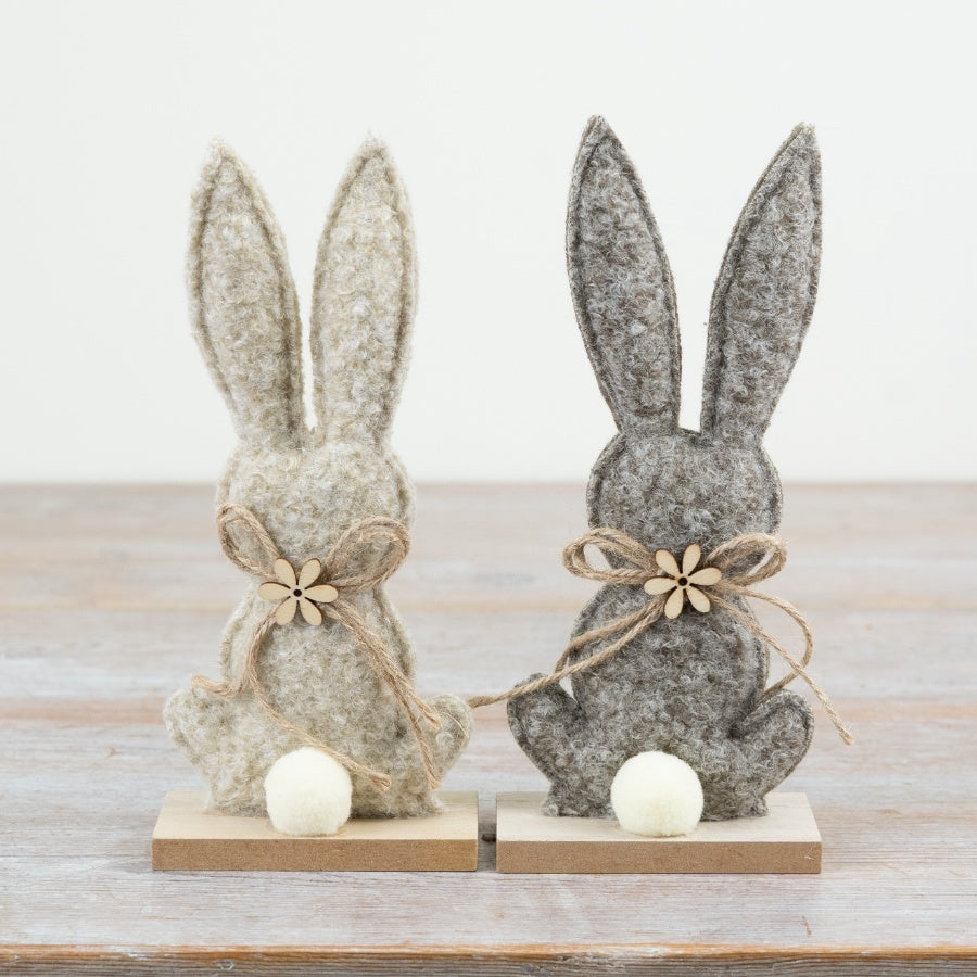 Set of 2 Fabric Bunny Decorations 21cm – Rustic Easter Rabbit Figures with Jute Bow, Spring Table & Shelf Display