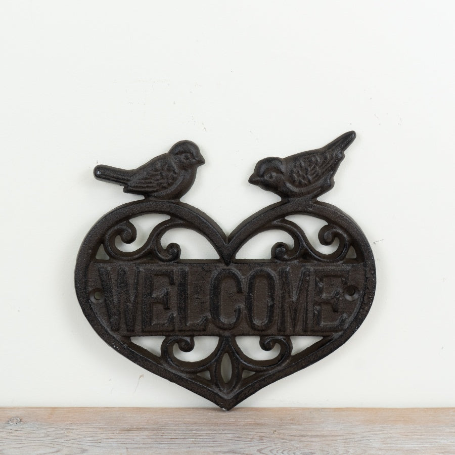 Heart Welcome Cast Iron Sign 19.3cm – Rustic Outdoor Wall Plaque with Bird Detail Garden Gate or Front Door Decor