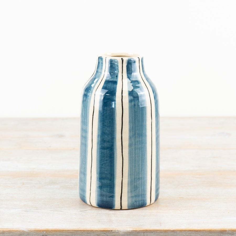 Blue Striped Tall Vase 20.5cm – Coastal Ceramic Vase for Fresh Flowers or Decorative Display