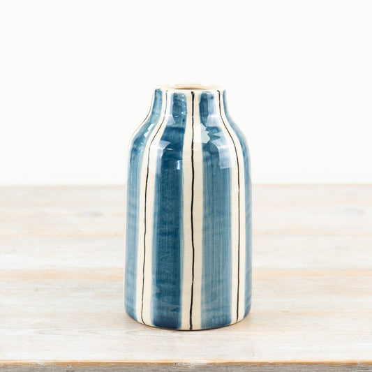 Blue Striped Tall Vase 20.5cm – Coastal Ceramic Vase for Fresh Flowers or Decorative Display