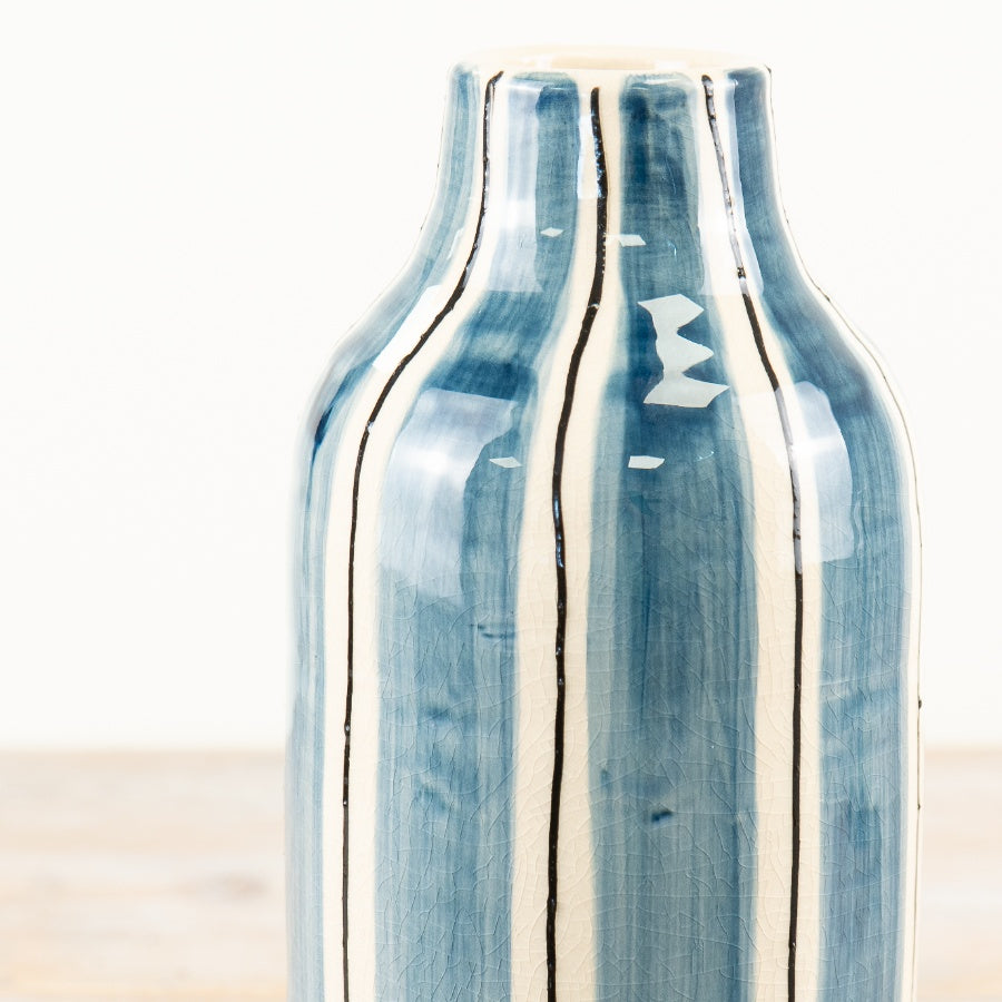 Blue Striped Tall Vase 20.5cm – Coastal Ceramic Vase for Fresh Flowers or Decorative Display