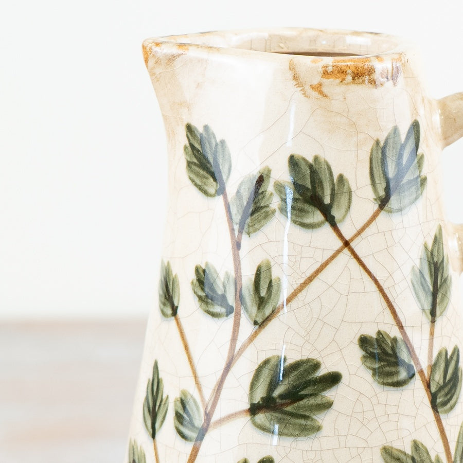 Leaf Ceramic Jug Vase 24.5cm – Green & Cream Glazed Floral Vase for Flowers or Home Décor