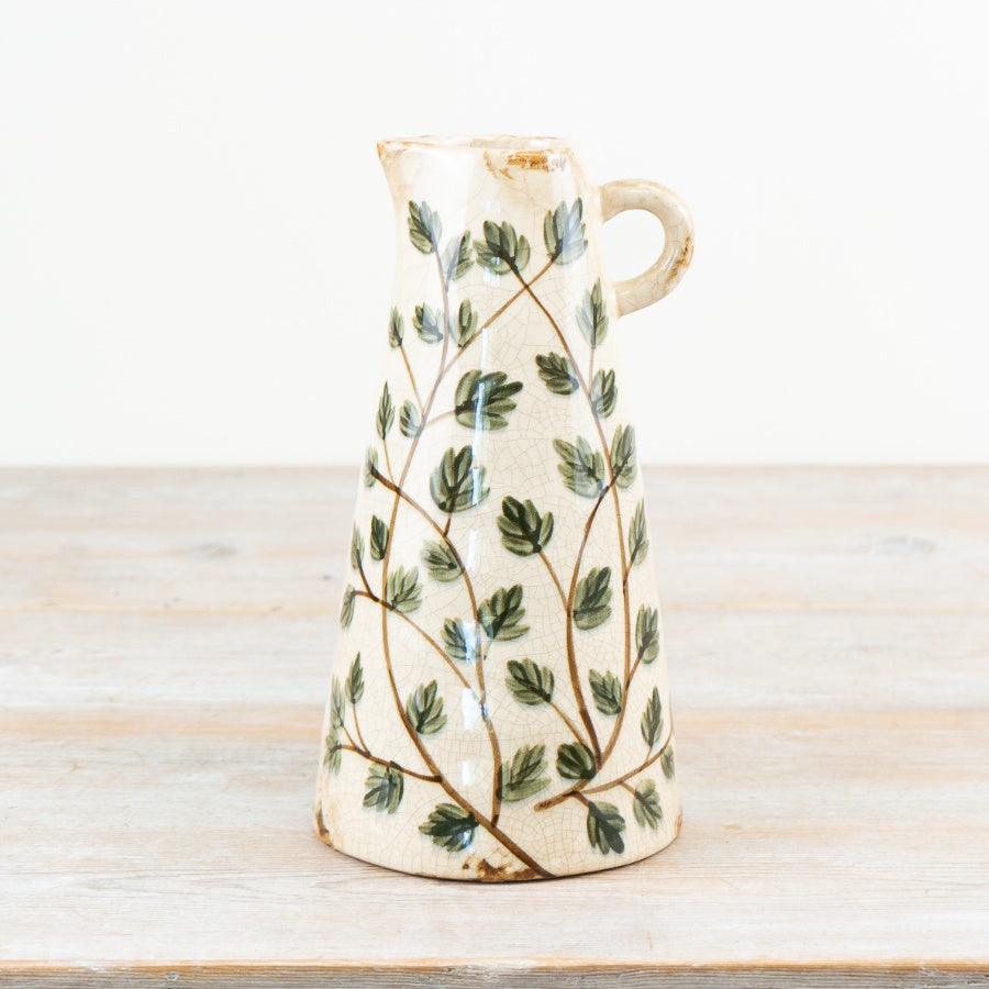 Leaf Ceramic Jug Vase 24.5cm – Green & Cream Glazed Floral Vase for Flowers or Home Décor