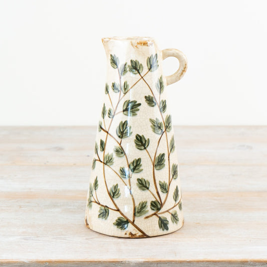Leaf Ceramic Jug Vase 24.5cm – Green & Cream Glazed Floral Vase for Flowers or Home Décor