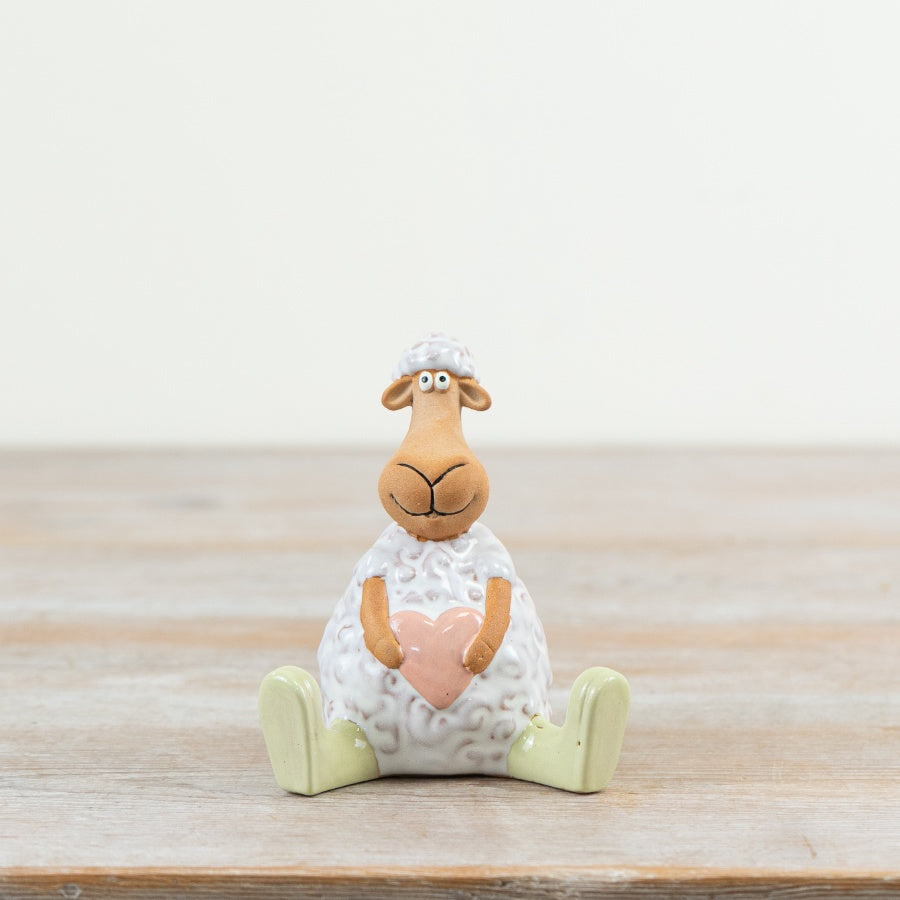 Sitting Sheep Ornament 9.9cm – Spring Pastel Sheep Figurine with Heart & Wellies