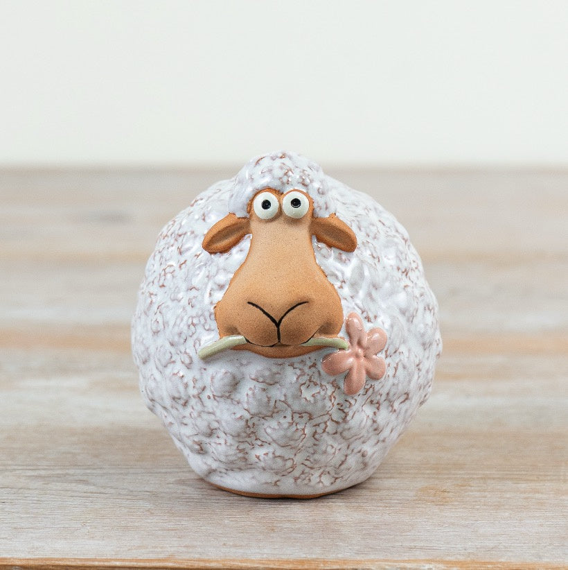 Sheep Holding Flower Ornament 10cm – Cute Farmhouse Animal Figurine
